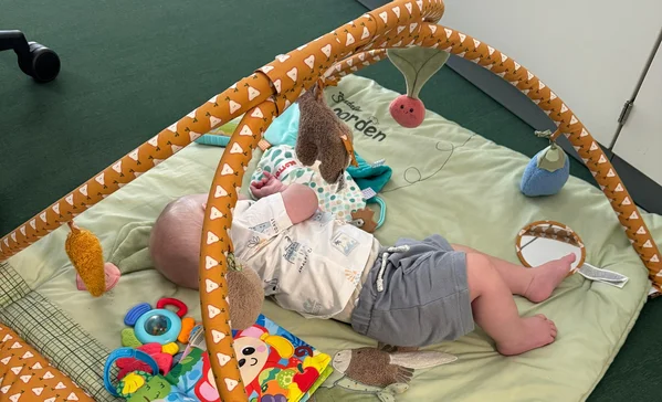 Familienfreundliche Arbeitsgestaltung Das Baby Linus liegt auf einer Decke und spielt mit seinen Kuscheltieren.
