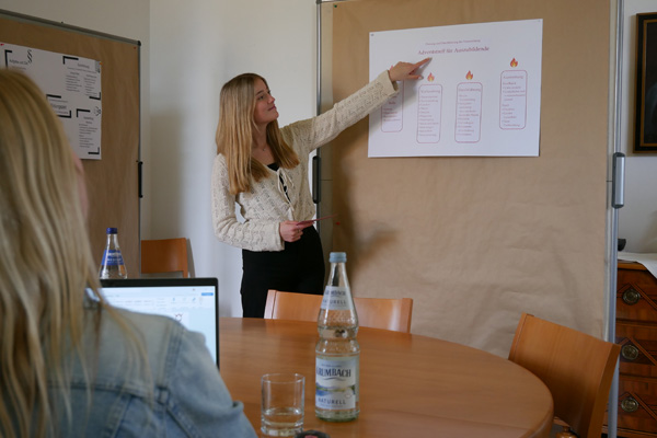 Prüfungsvorbereitung Eine Schülerin zeigt etwas auf einem Plakat.